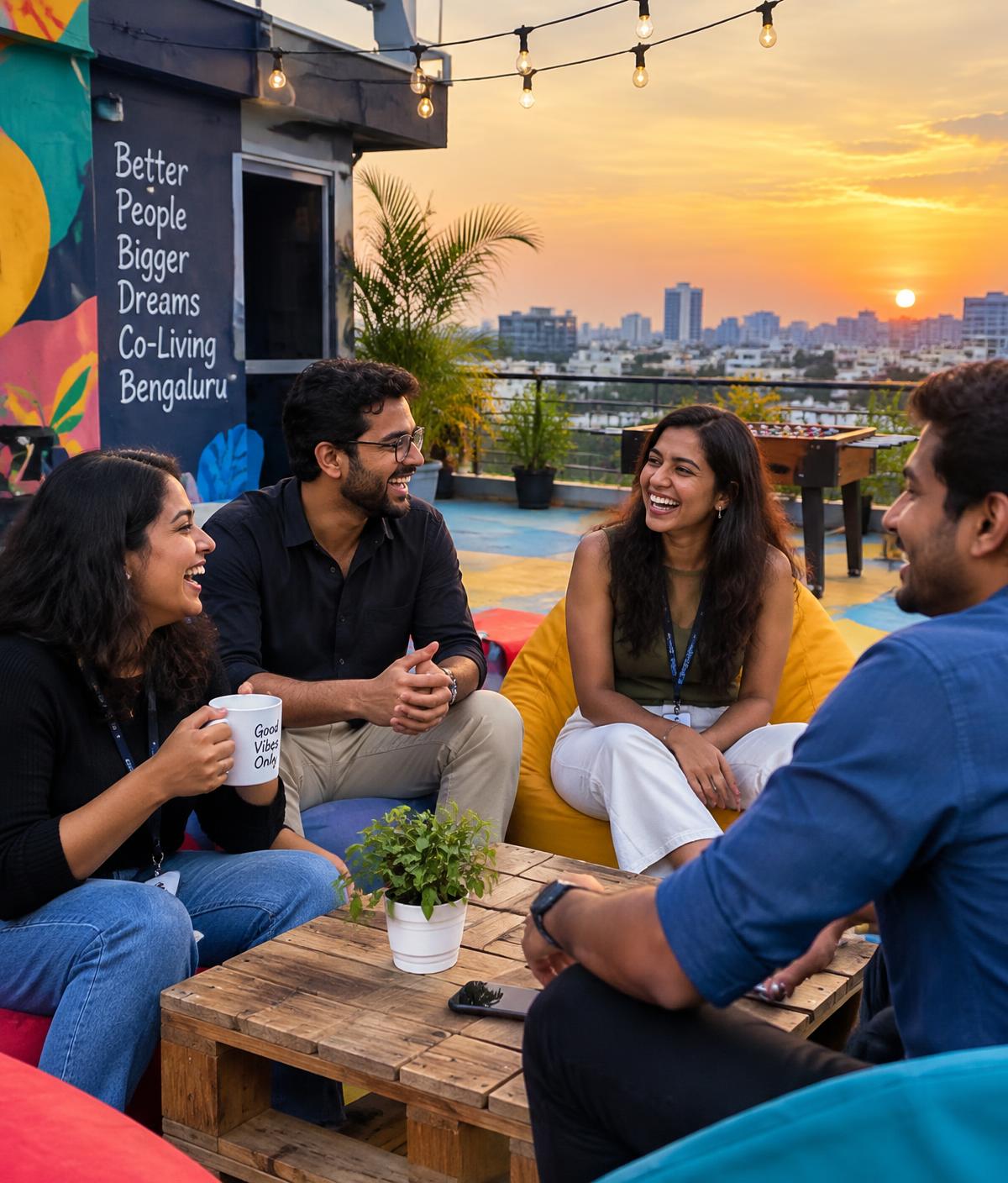 Friends on a Bengaluru co-living rooftop